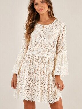🌻404.ABS Ivory Lace Bell Sleeve Lined Dress